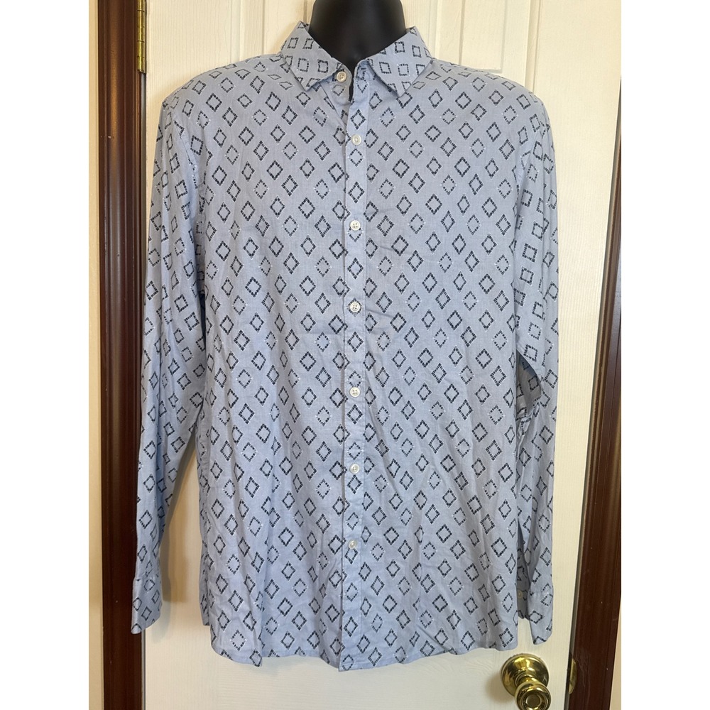 LS Fashion Wove Diamond Print Button‎ Up Long Sleeve Shirt, Large